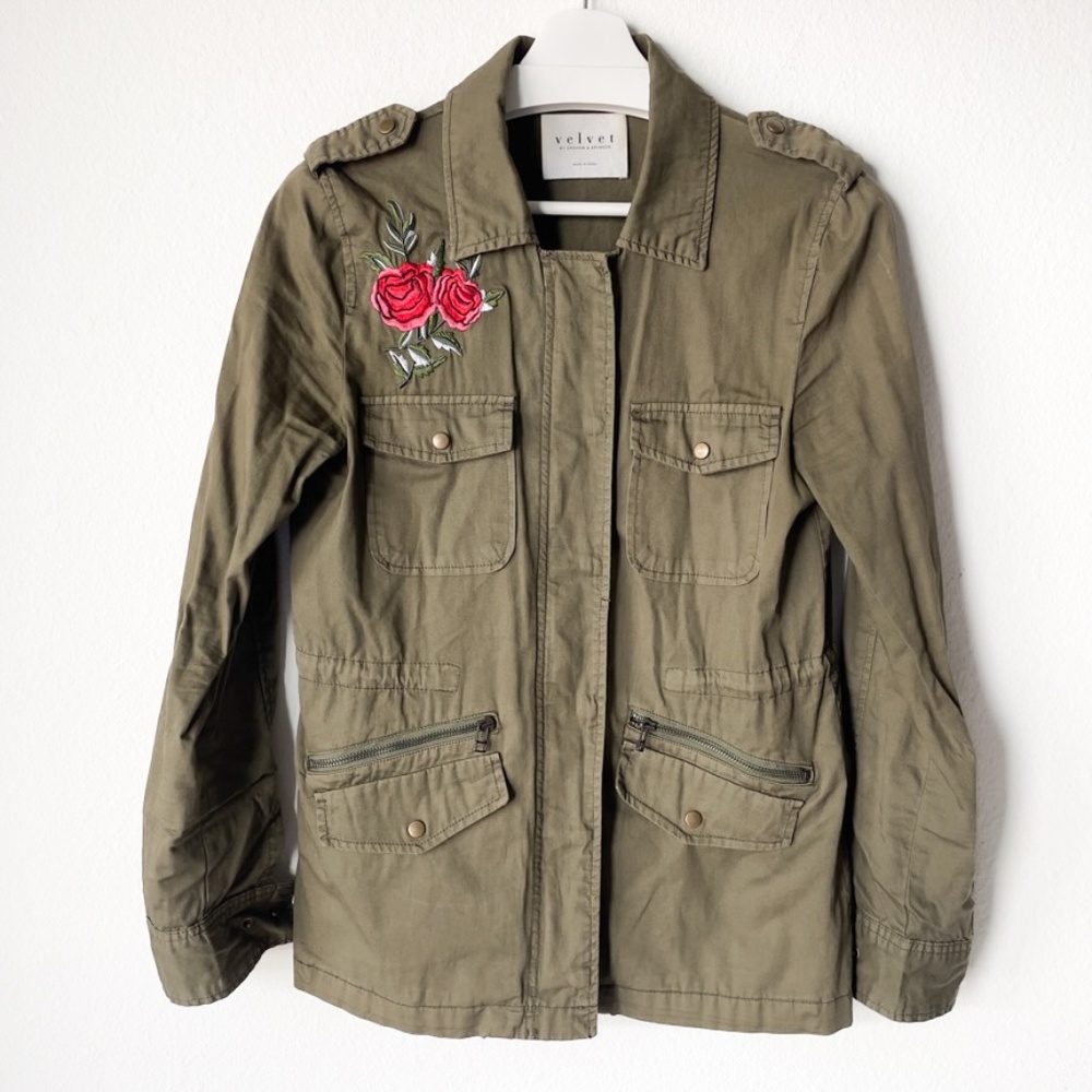 VELVET By Graham & Spencer Utility Jacket Green w. Rose Embroidery 100% Cotton S